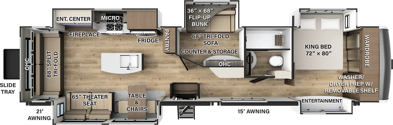 The 392MB has 5 slide outs and one entry. Exterior features rear slide tray, a 21 foot awning, and a 15 foot awning. Interior layout front to back: wardrobe with washer/dryer prep with removable shelf, off-door side king bed slideout, and door side entertainment slideout; off-door side full bathroom; off-door side mid bunk room with counter, storage and overhead cabinet across from off-door side slideout with flip-up bunk above tri-fold sofa; pantry along inner wall; off-door side slideout with refrigerator, microwave, cooktop, entertainment center and fireplace; kitchen island with sink; door side slideout with table and chairs, and theater seat; rear split tri-fold sofa with overhead cabinet.